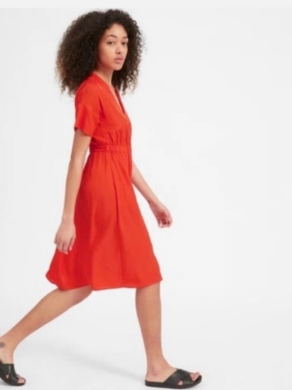 NWOT Everlane Japanese GoWeave Light V-Neck Dress Red-Orange Color Size 14